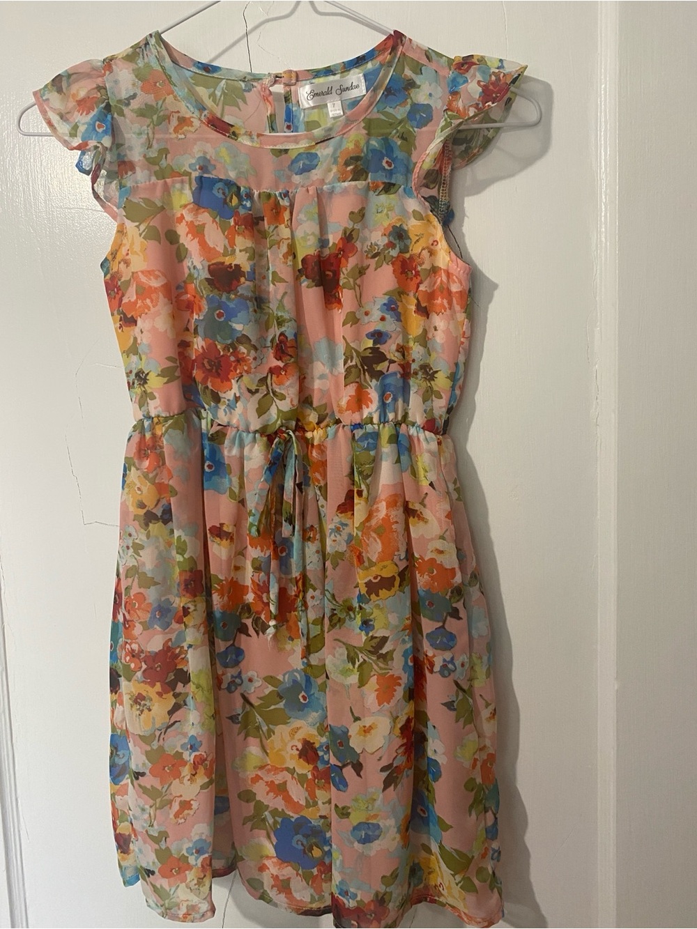 Emerald Sundae Pink Floral Chiffon Girls' Dress with Blue & Orange Blooms